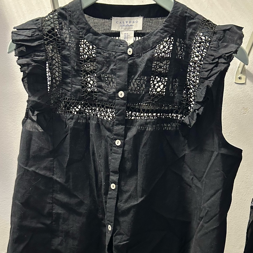 Calypso St. Barth Black Button-Up Lace Blouse